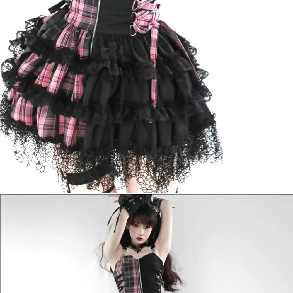 Pink Plaid & Solid Black Cute Punk Dress w/ Layered Lace Skirt & Front Zipper - Picture 6 of 6